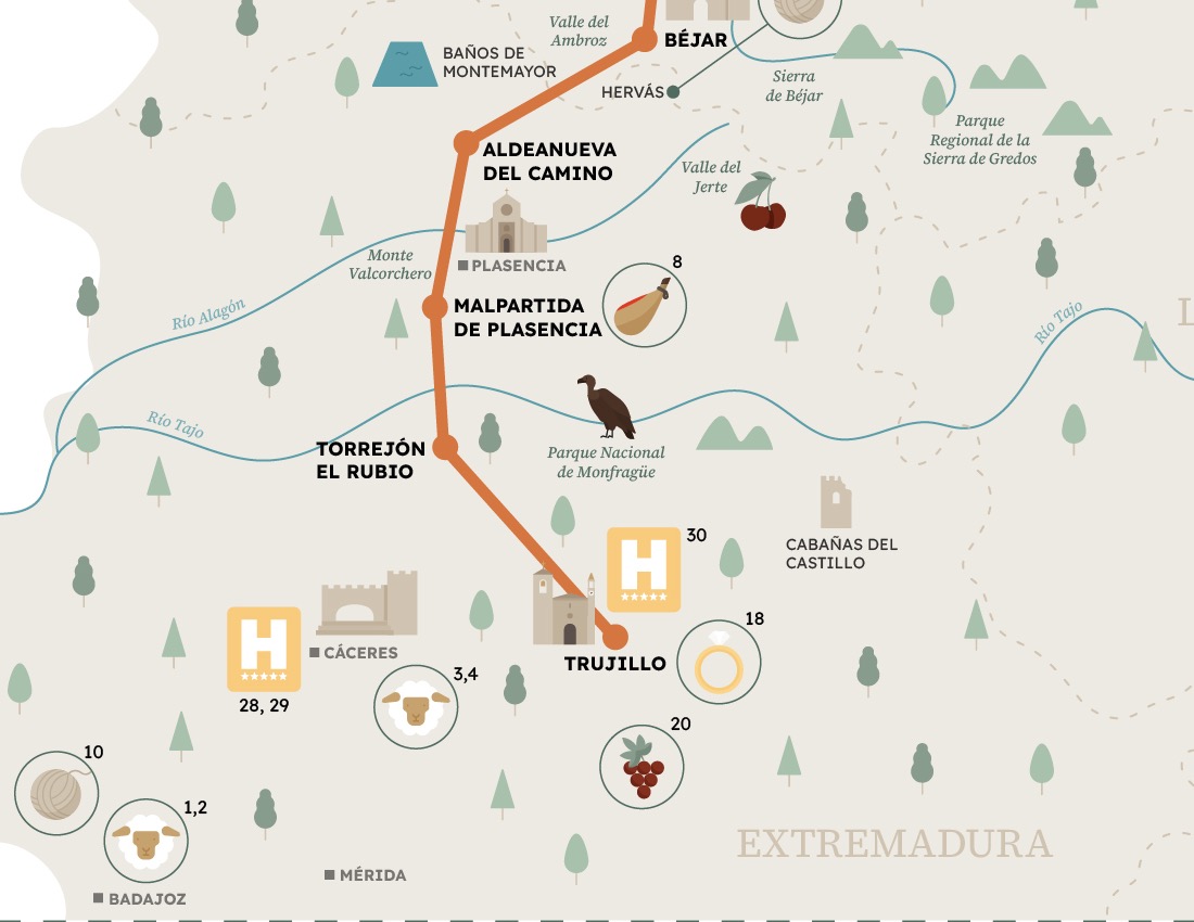Mapa ilustrado del viaje entre Trujillo, Monfragüe y Malpartida de Plasencia
